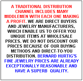 Text Box: A TRADITIONAL DISTRIBUTION CHANNEL INCLUDES MANY MIDDLEMEN WITH EACH ONE MAKING A PROFIT. WE ARE DIRECT BUYERS AND JEWELRY MANUFACTURERS, WHICH ENABLE US TO OFFER YOU UNIQUE ITEMS AT WHOLESALE PRICES. WE DO NOT DISCOUNT OUR PRICES BECAUSE OF OUR BUYING METHODS AND DIRECT-TO-YOU DISTRIBUTION. BERNARD HURTIG'S FINE JEWELRY PRICES ARE ALREADY EXCEPTIONALLY REASONABLE AND HAVE A SUPERB  QUALITY.
 
